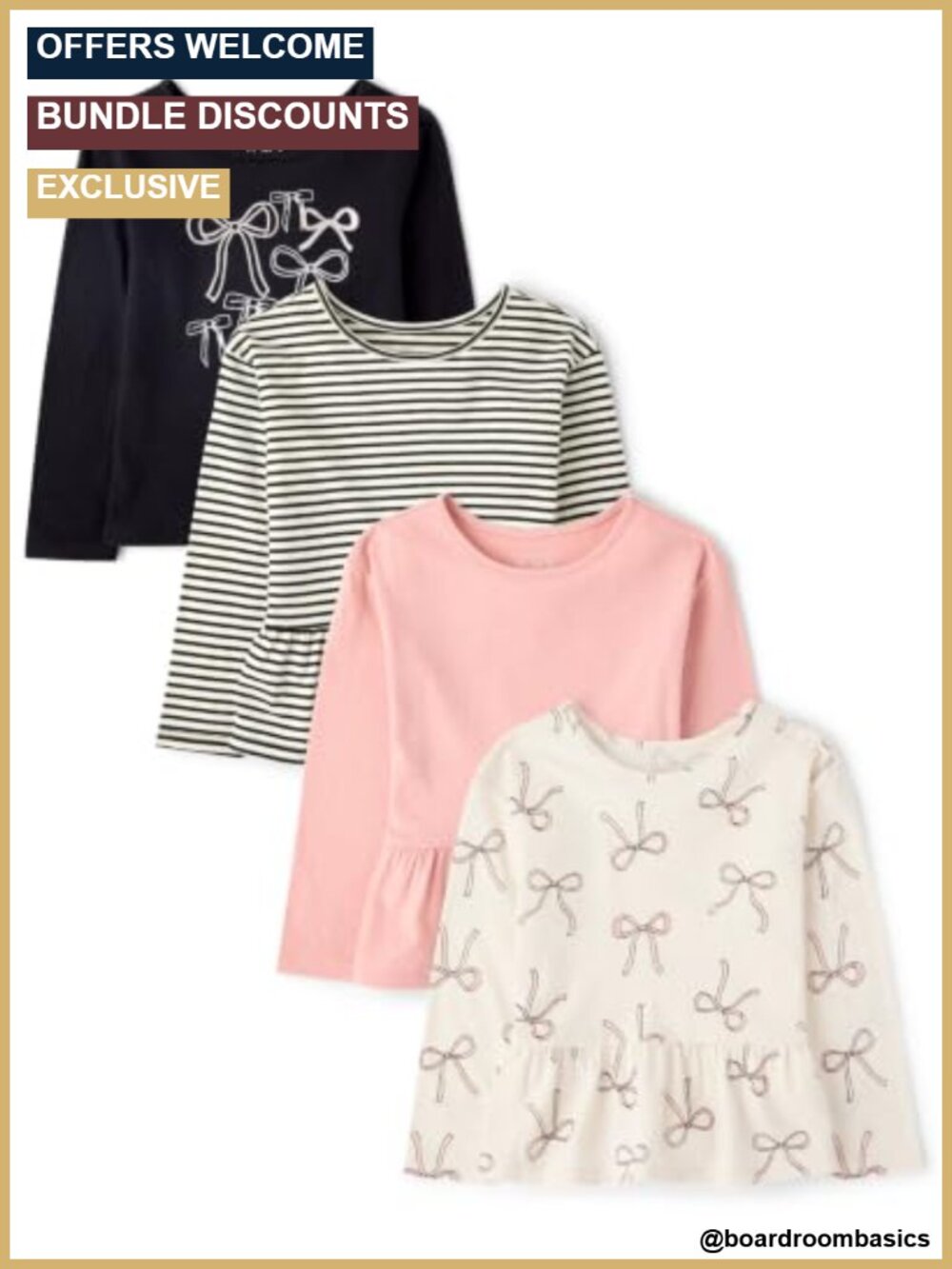 Girls Toddler Long Sleeve Peplum Tops 4-Pack Cotton Jersey Blouses Crew Neck